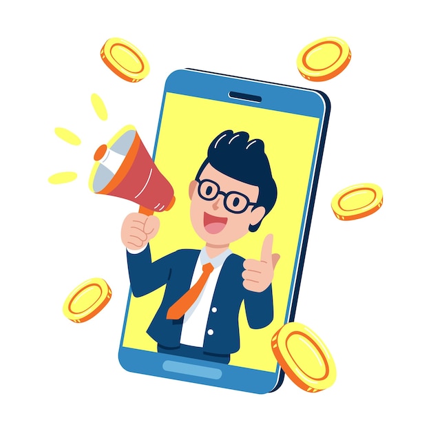 Business concept businessman holding a megaphone on smartphone screen