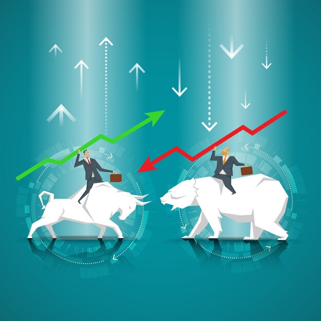 Vector business concept. businessman riding a bull. businessman riding bear. the symbol of the stock market, bear market, bull market