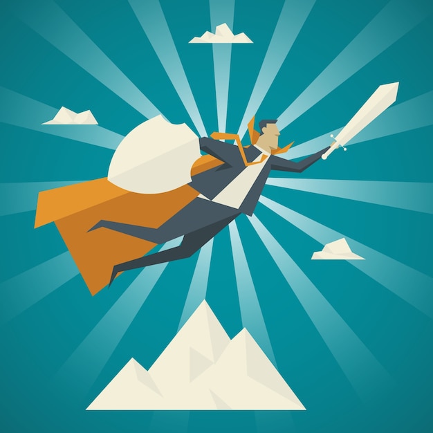 Vector business concept. businessman with yellow veil and holding a sword, shield, flying to the sky.