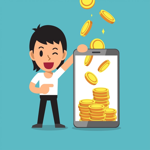 Business concept cartoon smartphone help a man to earn money