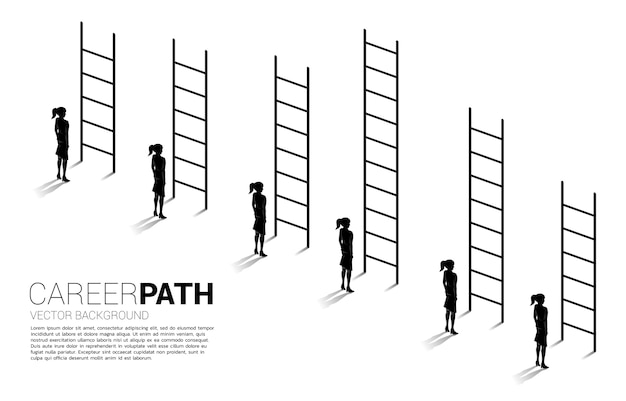 Business concept of competition and challenge. Silhouette of businesswoman group with various high ladder.