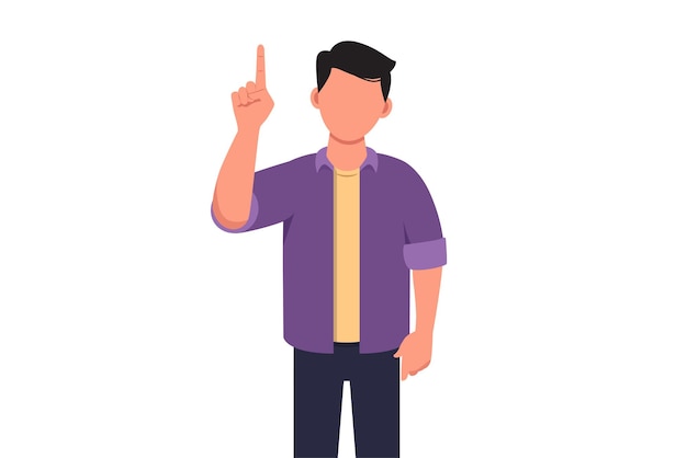 Business concept flat style isolated young businessman pointing up finger symbol Male manager finger index up gesture Emotion and body language Graphic drawing design cartoon vector illustration