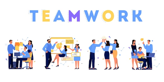 Vector business concept. idea of strategy and achievement in teamwork. brainstorm and work process. people work together in team set.  illustration