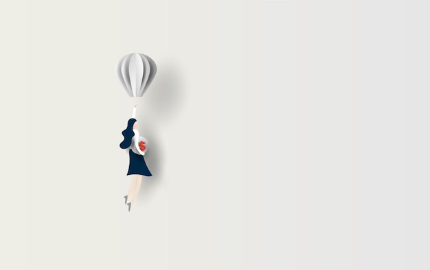 Vector business concept idee. vrouw vliegen met ballon hold dollar munt. symbool van innovatie. start voor succes. meisje ontdekt beste idee grafisch wit isolaat papier knippen en kunst voor kaart vectorillustratie