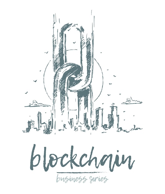 Business concept illustration of blockchain rises from the city skyline