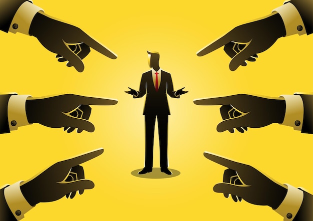 Business concept illustration of a businessman being pointed by giant fingers