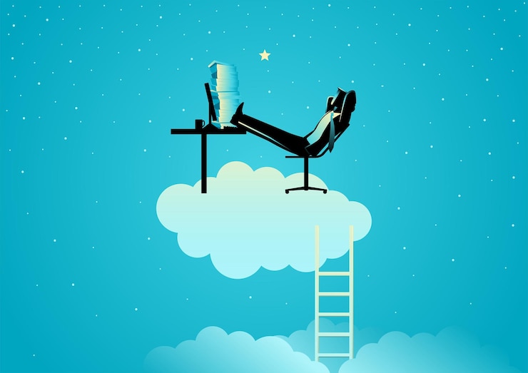 Vector business concept illustration of a businessman sits comfortably on top of the cloud