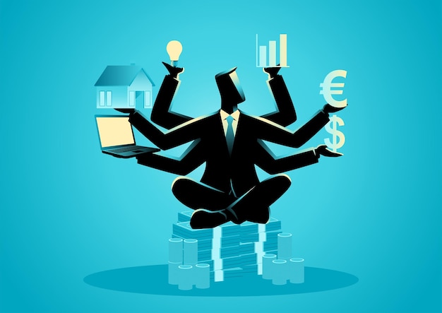 Business concept illustration of a businessman with multiple hands holding financial symbols