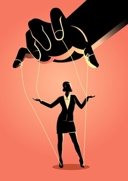 Vector business concept illustration of a businesswoman being controlled by puppet master
