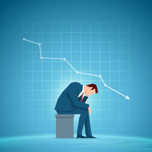 Vector business concept illustration sitting sad businessman falling chart on the blue background