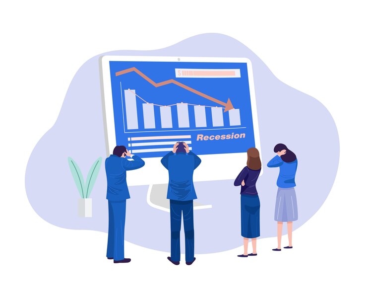 Vector business concept illustration. stressed businessmen looking at falling diagram.