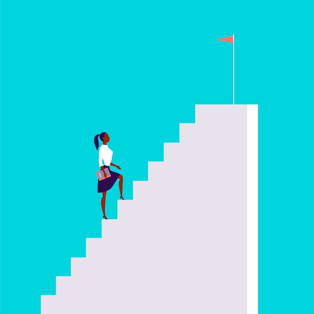 business concept illustration with business lady  walking up the stairs with flag on it isolated on blue background. career, aspiration, reaching aim, motivation, growth, leadership - metaphor.