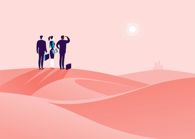 business concept illustration with business people standing at desert hill &amp; watching on horizon city. metaphor for new aims, goal, purpose, achievements and aspirations, motivation, overcoming