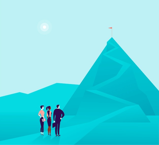 Business concept illustration with business people team standing at mountain pic and watching on top. metaphor for growth, new aims & goals, team work & partnership, aspirations, motivation.