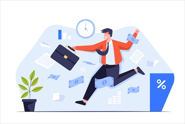 Business concept illustrations the business mans success scene jumps among the money and paperwork flat cartoon vector illustration