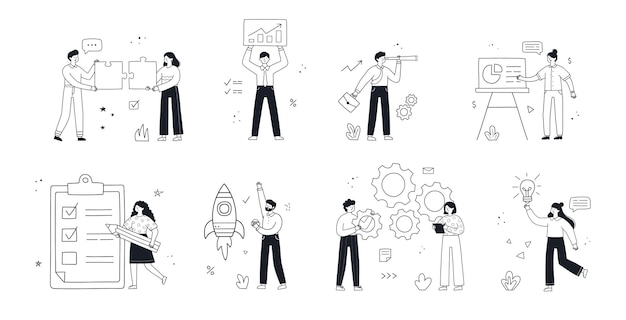 Business concept illustrations set. collection of scenes with people taking part in business activities. vector linear doodle style.