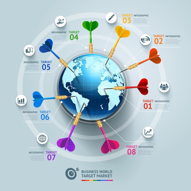 Modello di business concetto infografica. idea del dardo di marketing di destinazione del mondo degli affari.