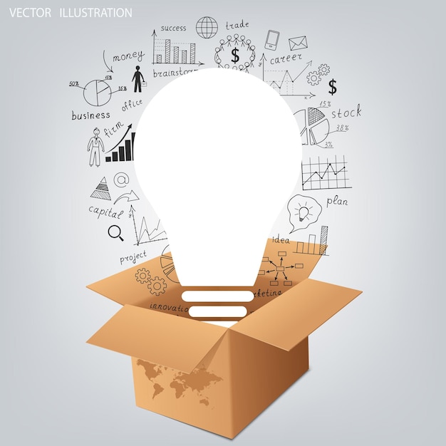 Vettore concetto aziendale lampadina con disegno idea di piano strategico di successo aziendale su una scatola di cartone