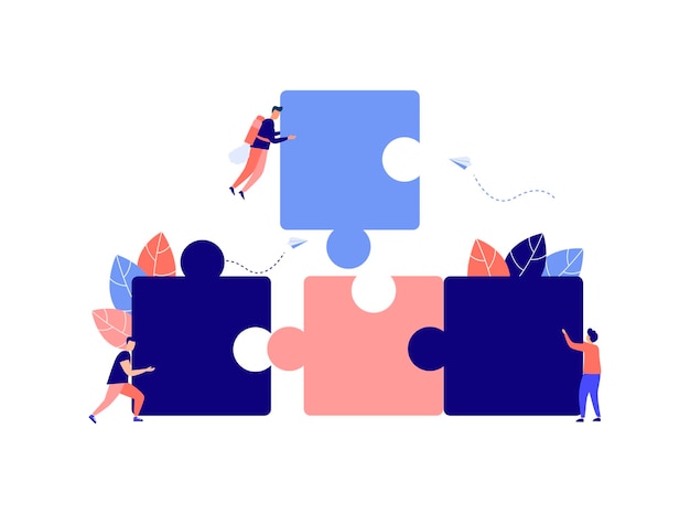팀워크 협력 파트너십의 비즈니스 개념 은유 사람들은 퍼즐을 조립합니다.