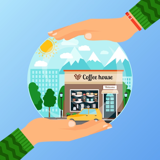 Business concept for opening the institution of coffe house. A woman is holding glass ball