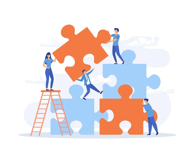 Business concept people connecting puzzle elements Symbol of teamwork cooperation partnership flat vector modern illustration