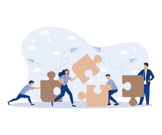 Business concept people connecting puzzle elements Symbol of teamwork cooperation partnership flat vector modern illustration