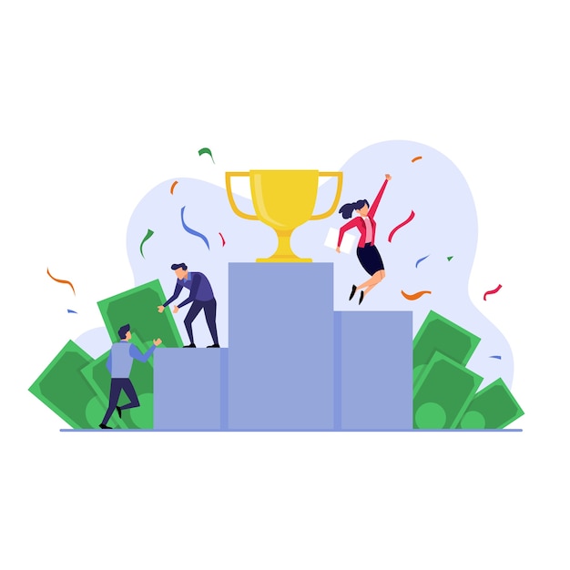 Vector business concept, people standing on podium , reaching goal flat illustration