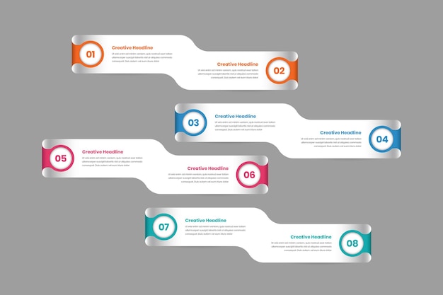 ベクトル ビジネス コンセプト プレゼンテーション 8 ステップのミニマリストのインフォ グラフィック テンプレート番号とツイスト リボン形状
