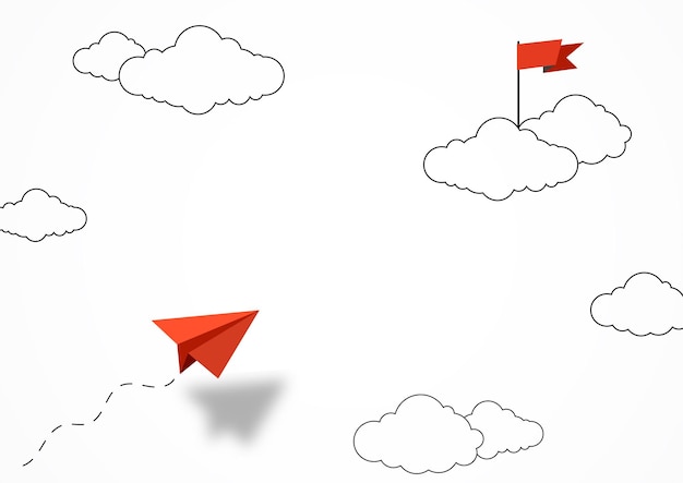 ビジネスコンセプト赤い紙のリーダー飛行機が勝者のために空を飛んでいるシンプルな漫画の線ベクトルイラスト