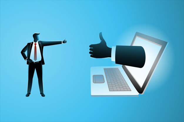 Business concept, small businessman standing with big hand appearing from laptop thumbs up at each other