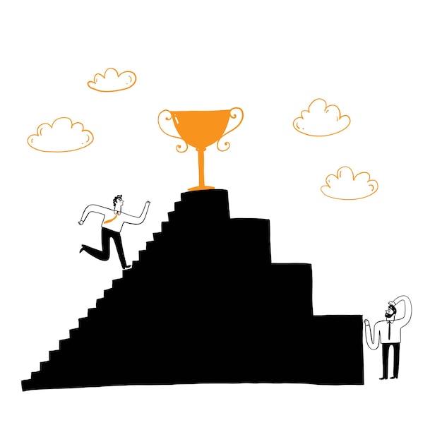 Business concept. success. competition, businessman going up the stairs towards the trophy waiting at the top. vector illustration hand drawing doodle style