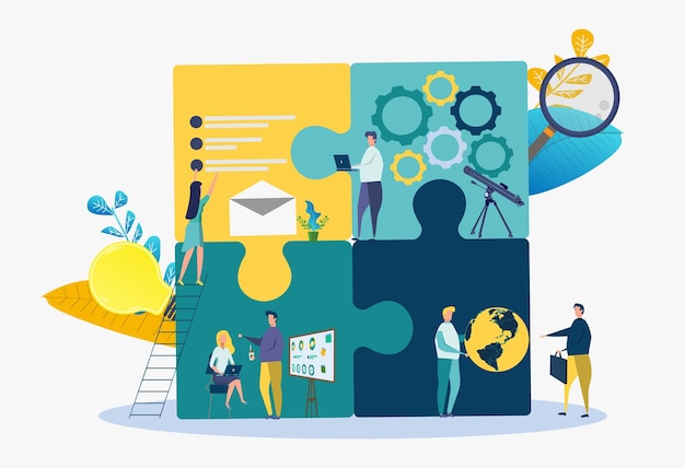 Business concept team metaphor people connecting puzzle elements colorful vector illustration businessmen build together a creative business team successful business project