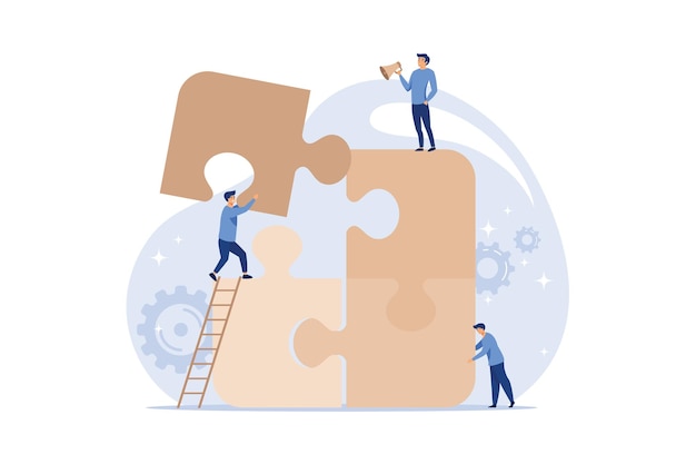 Vector business concept team metaphor people connecting puzzle elements flat design modern illustration