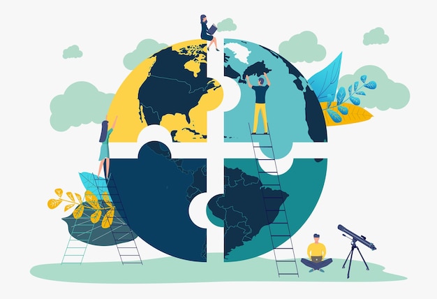 Business concept Team metaphor People connecting puzzle elements in the form of a planet