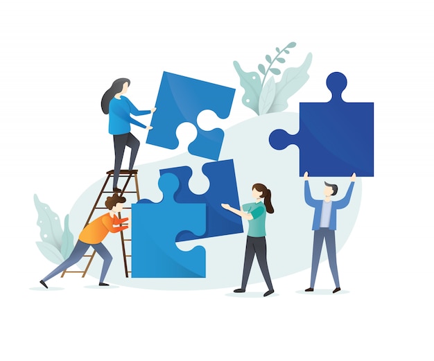 Vector business concept. team metaphor. people connecting puzzle elements.  illustration flat design style. symbol of teamwork, cooperation, partnership. flat style design isolated on white background