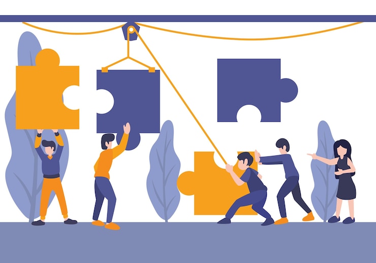Vector business concept team metaphor people connecting puzzle elements man and woman workers