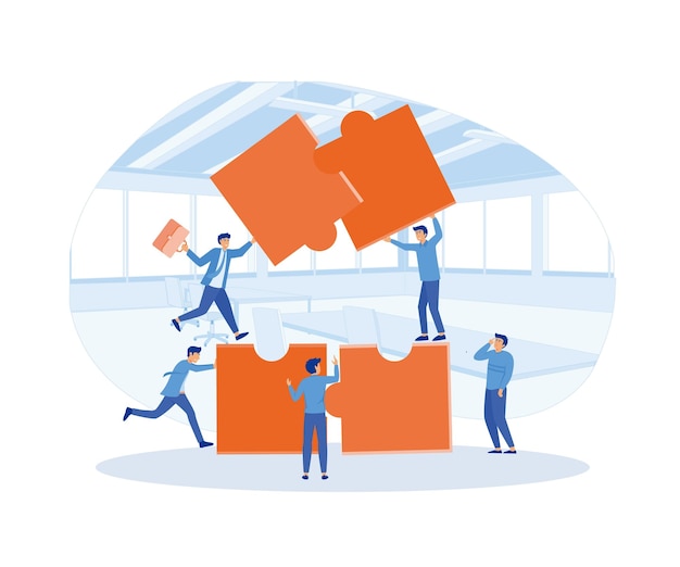 Business concept Team metaphor people connecting puzzle elements Symbol of teamwork cooperation partnership flat vector modern illustration