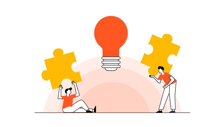 Vector business concept team metaphor people connecting puzzle elements vector illustration flat design
