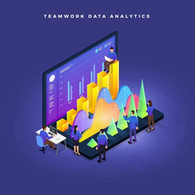 Бизнес-концепция совместной работы людей, работающих на диаграмме аналитики данных развития