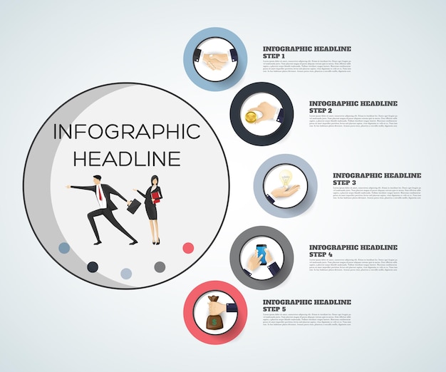 Cronologia del concetto di business. modello di infografica, carta realistica 5 passaggi infografica, banner vettoriale può essere utilizzato per il layout del flusso di lavoro, diagramma, presentazione, istruzione o qualsiasi opzione numerica