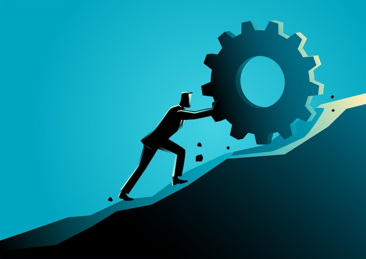 Vector business concept vector illustration of a businessman pushing a gear uphill