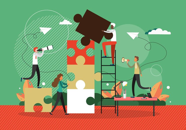 Vector business concept vector illustration. people connecting puzzle elements. symbol of teamwork and cooperation. business partnershi, work as a team