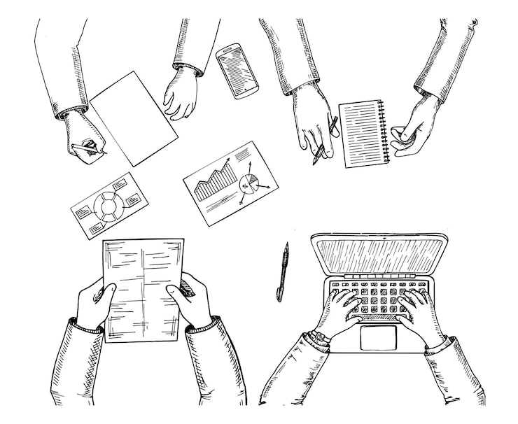 Vector business concept vergadering van bovenaf mensen handen schets business team vergadering concept