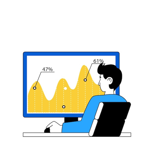 Business concept with cartoon people in flat design for web man analyzing financial data at graph and making marketing research vector illustration for social media banner marketing material