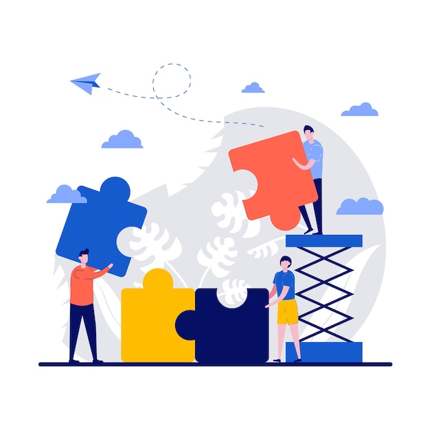 Vector business concept with tiny people connecting puzzle elements.