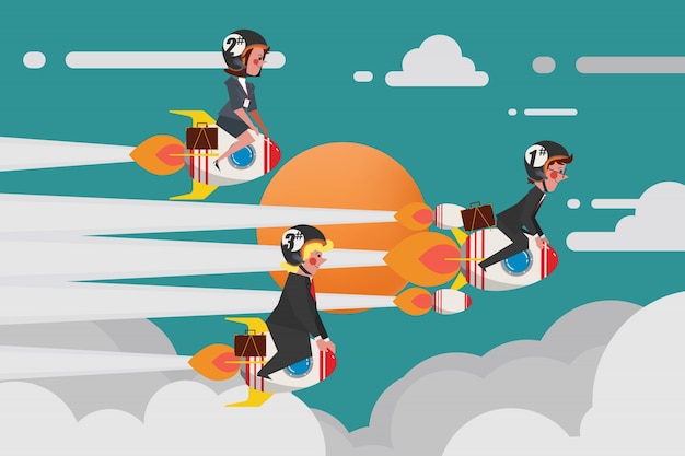 Business Concept, Young Business Group Join a challenging rocket race, Cartoon Character Design flat style