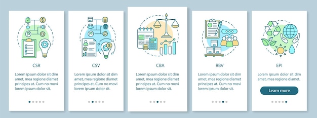 Vector business concepts onboarding mobile app page screen vector template. csr. corporate principles. business ethics. walkthrough website steps with linear illustrations. ux, ui, gui smartphone interface