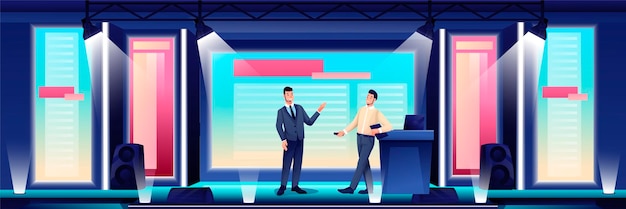 Business conference or seminar in auditorium hall speaker on podium giving presentation to audience vector illustration event or forum convention in modern center