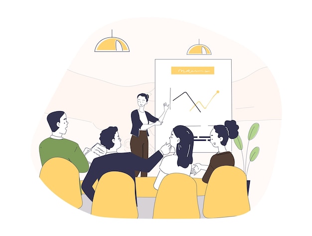 Business conference simple woman with graphs and diagrams perform near audience collaboration and