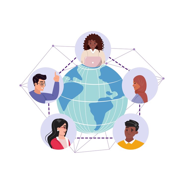 Vector business conference where white arab asian and african individuals connect from around the world